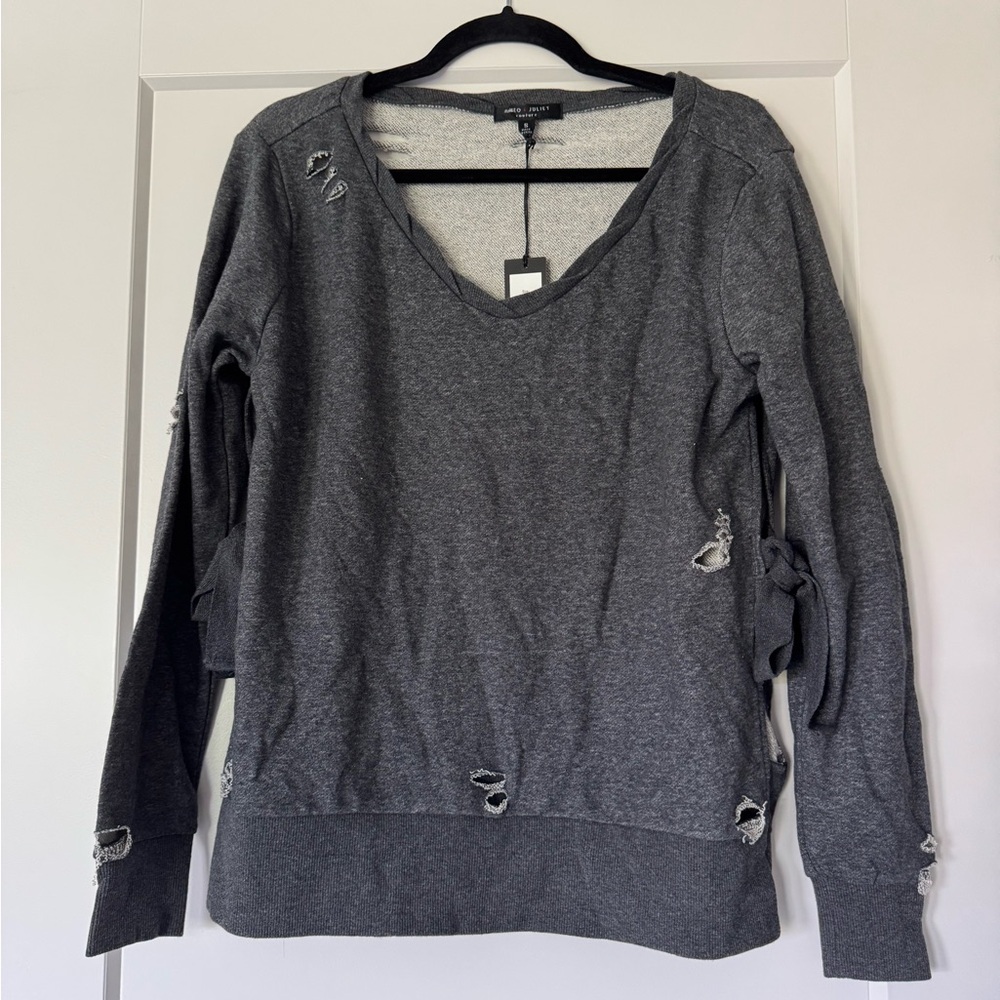 NWT Romeo & Juliet Couture Charcoal Distressed V-Neck Side Tie Sweater Size S